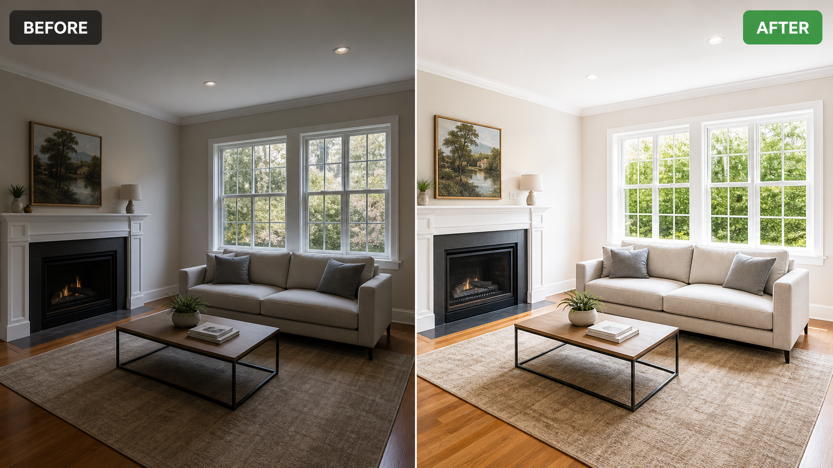 Before and after AI photo enhancement example