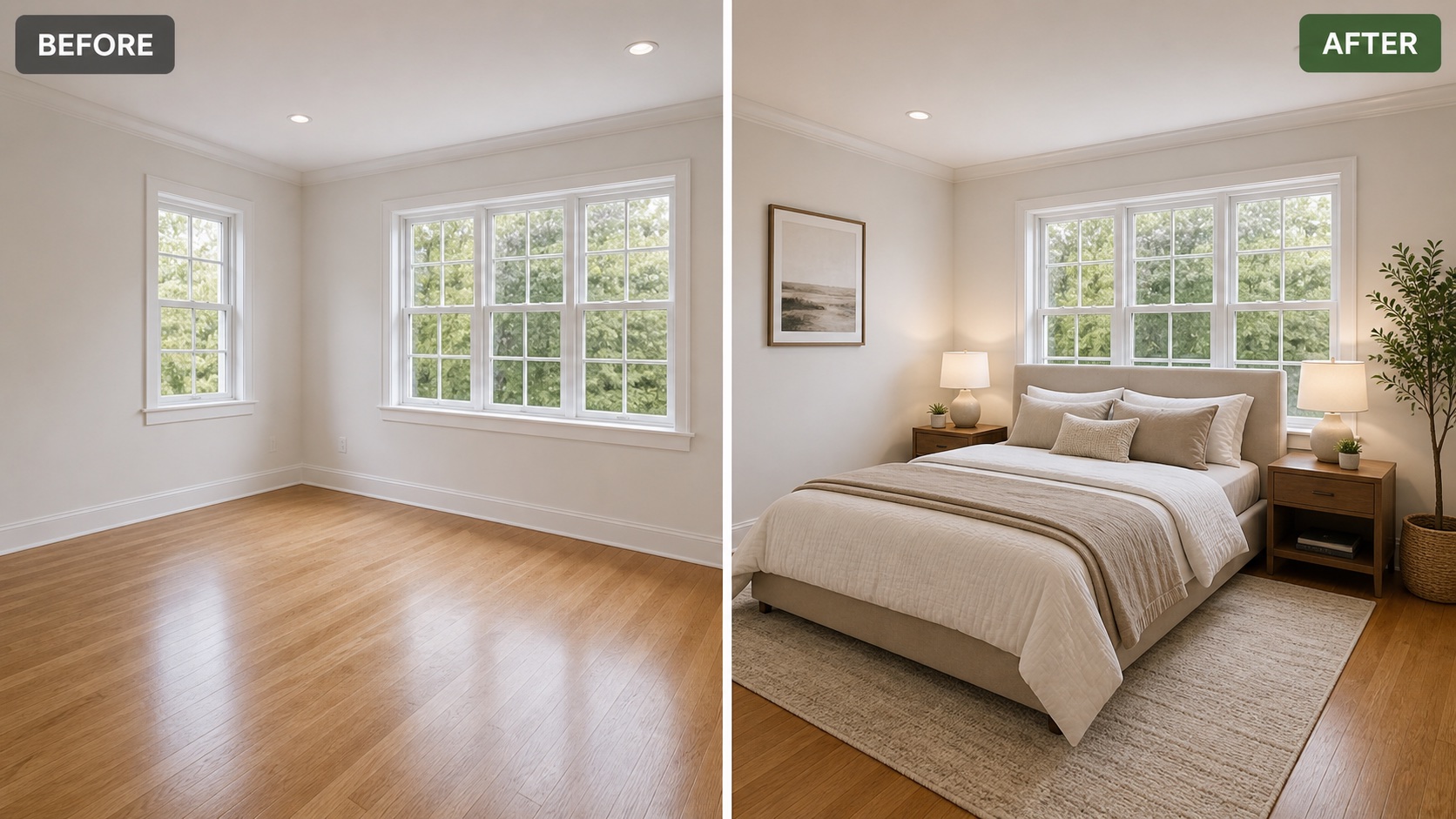Before and after bedroom virtual staging