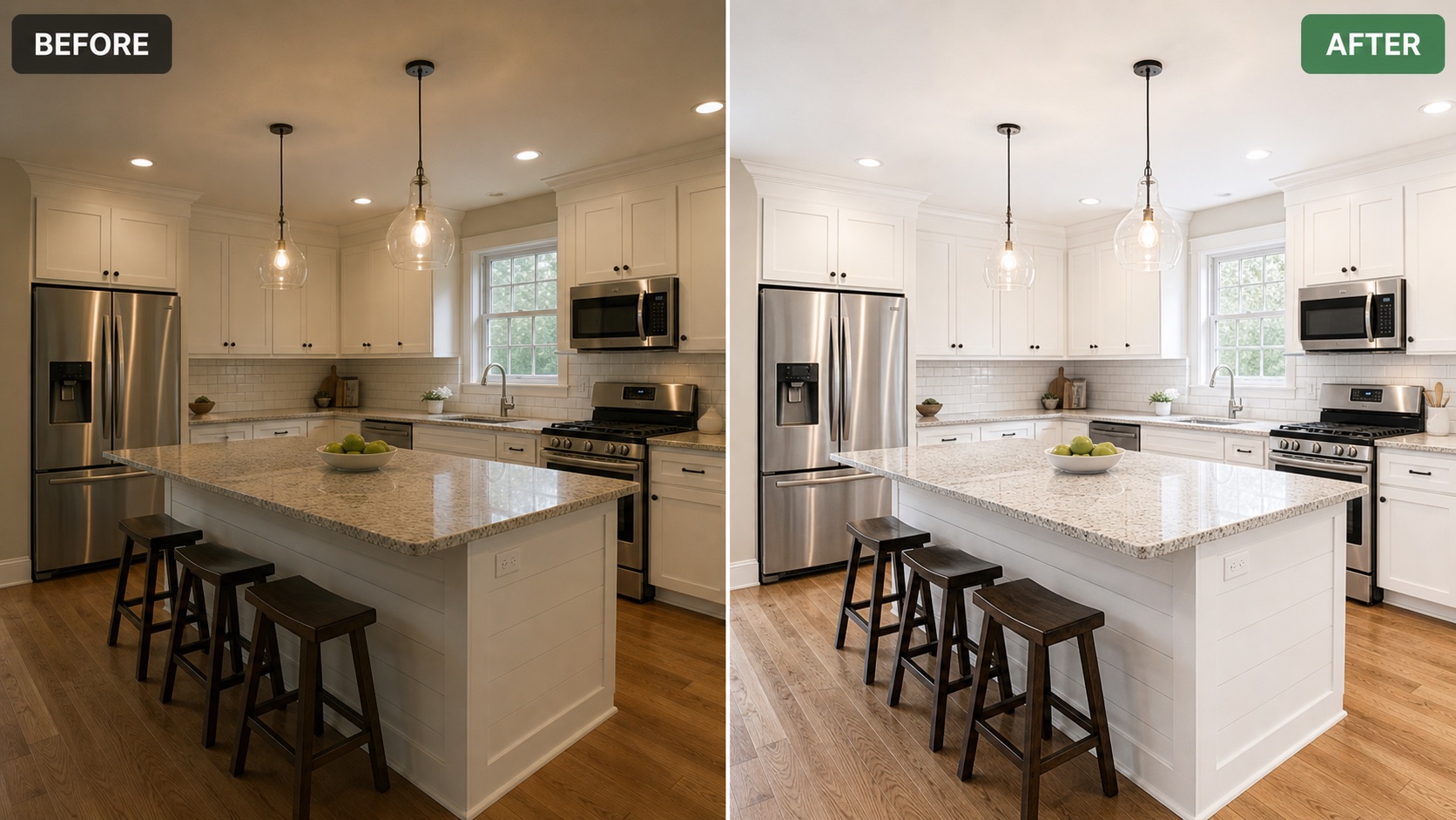 Before and after kitchen photo enhancement
